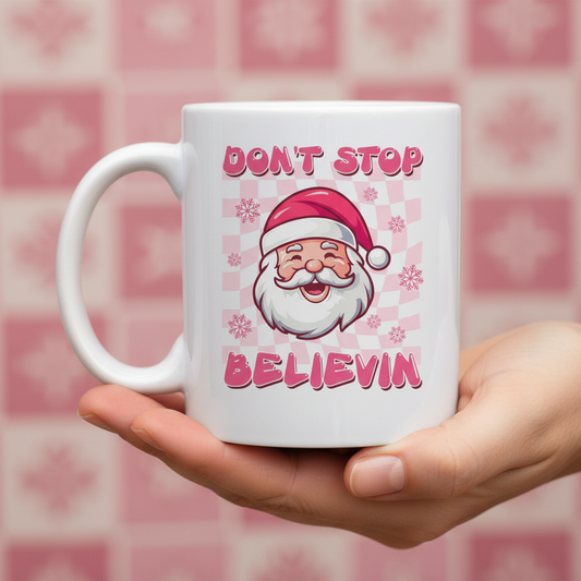 Don't Stop Believin' : Pink Retro Santa Christmas 11oz White Mug