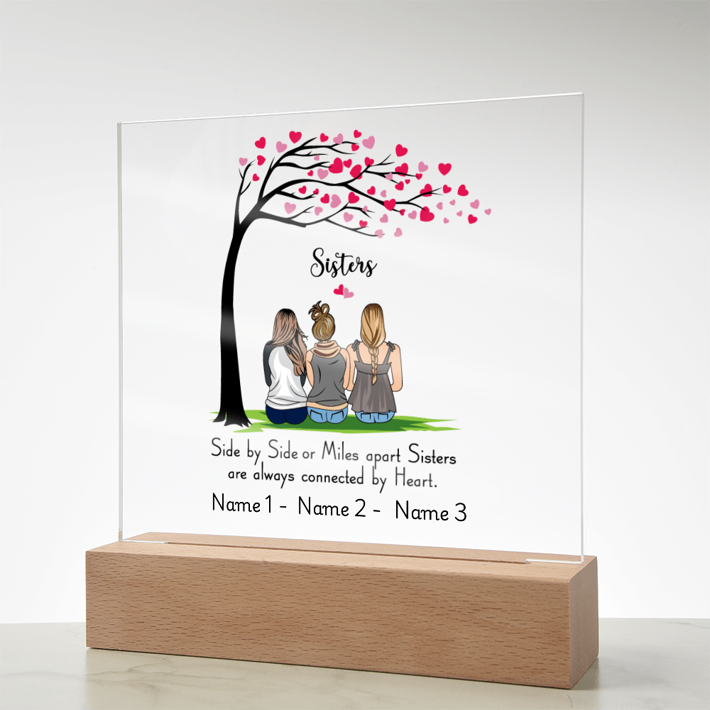 Sisters Acrylic Plaque – Side by Side or Miles Apart, Sisters Connected by Heart – Personalized Sister Gift, Best Friend Sister Decor