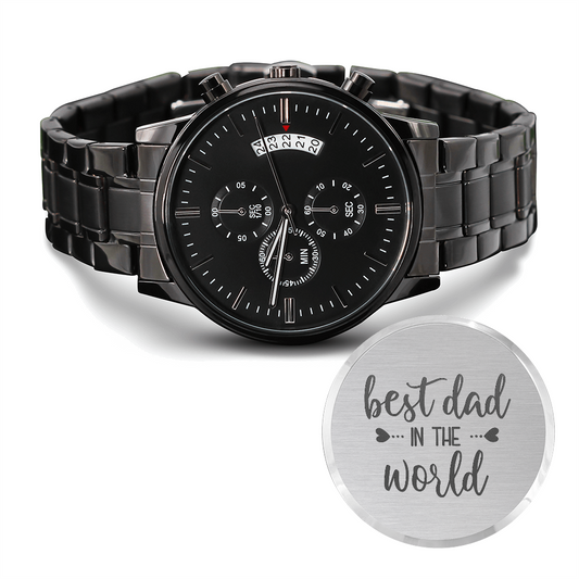 Best Dad in the World - Engraved Design Black Chronograph Watch