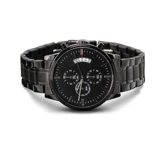 Custom Engraved Black Chronograph Watch in Luxury Box