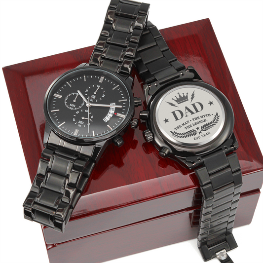 Dad The Man The Myth The Legend Personalized Engraved Black Chronograph Watch