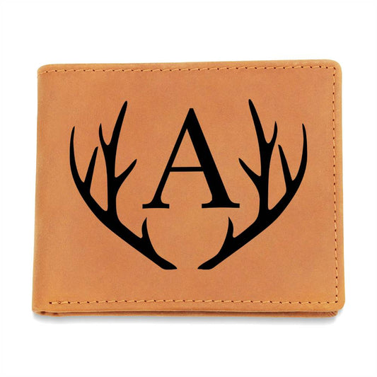 Wildlife Charm: Personalized Leather Wallet with Antler Accent and Printed Graphic Initial