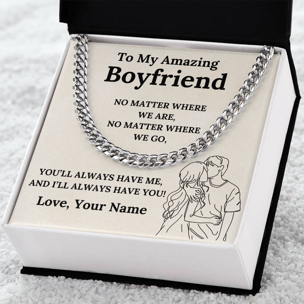 To My Amazing Boyfriend Cuban Link Chain with Custom Message Card (Beige Background)