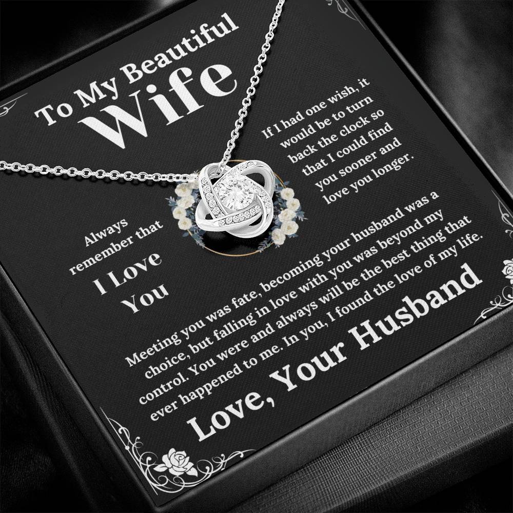 To My Beautiful Wife White Floral Design - Love Knot Necklace