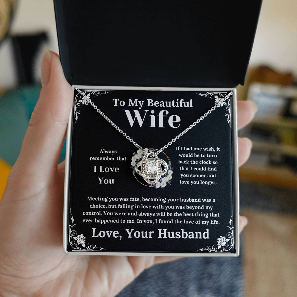 To My Beautiful Wife White Floral Design - Love Knot Necklace