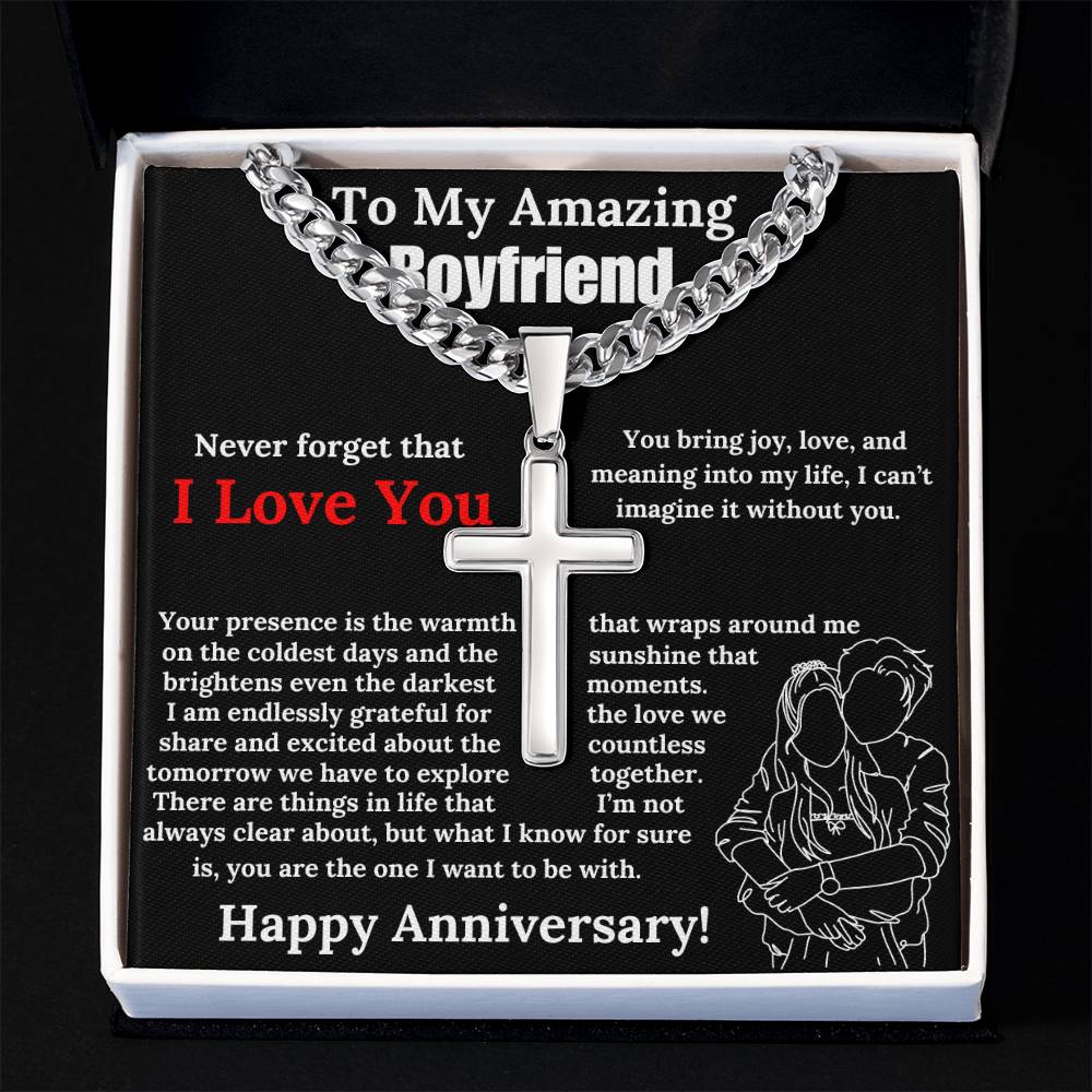 To My Amazing Boyfriend Cuban Chain with Artisan Cross Necklace Anniversary Gift