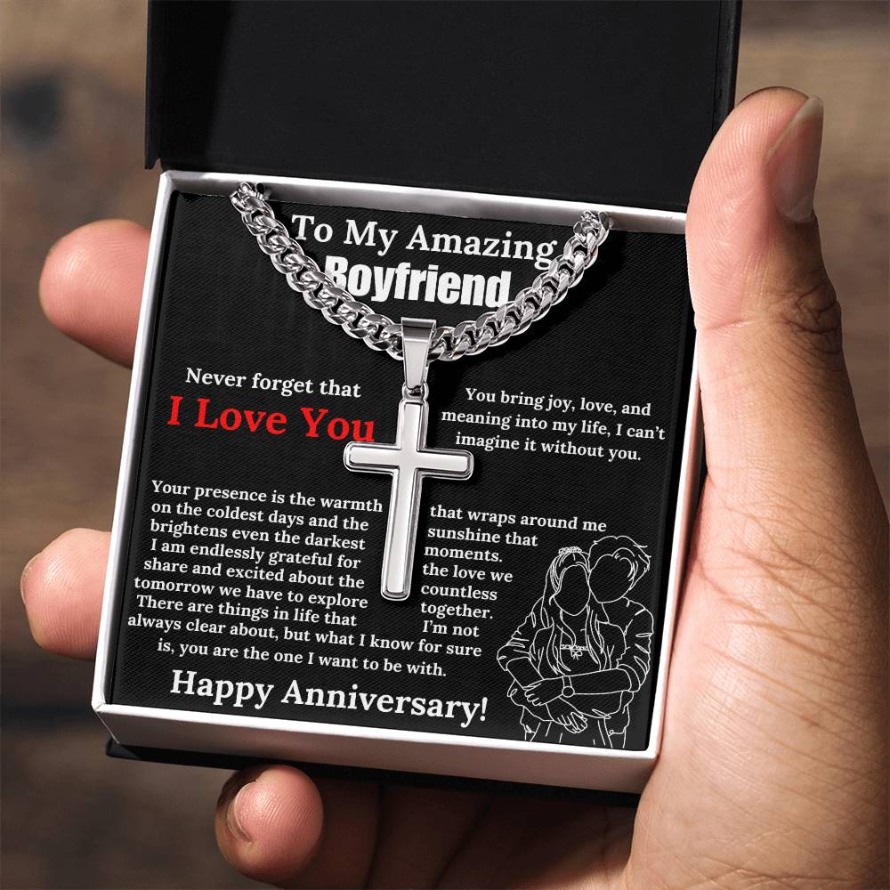 To My Amazing Boyfriend Cuban Chain with Artisan Cross Necklace Anniversary Gift