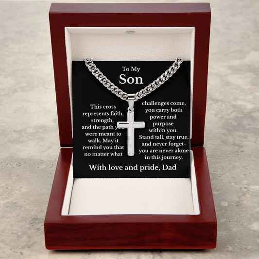 To My Son – Faith & Strength Cuban Link Cross Necklace