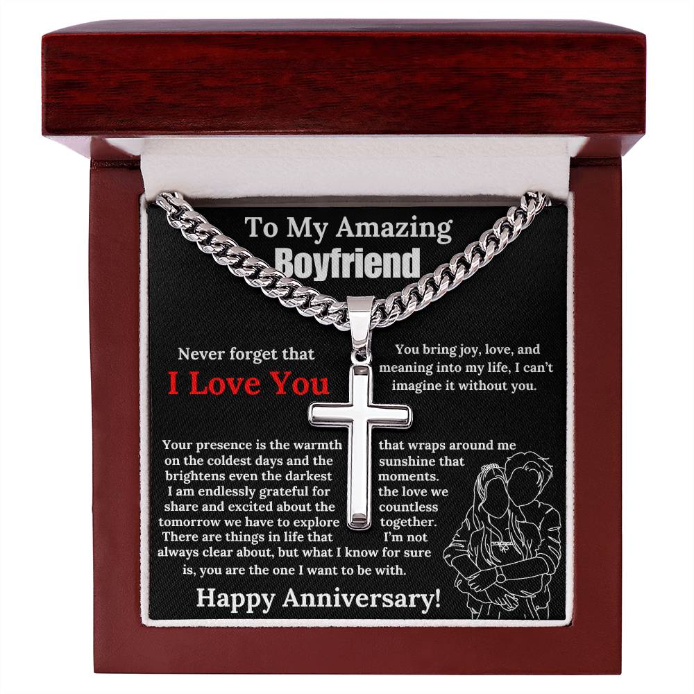 To My Amazing Boyfriend Cuban Chain with Artisan Cross Necklace Anniversary Gift