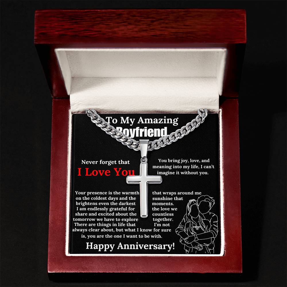 To My Amazing Boyfriend Cuban Chain with Artisan Cross Necklace Anniversary Gift