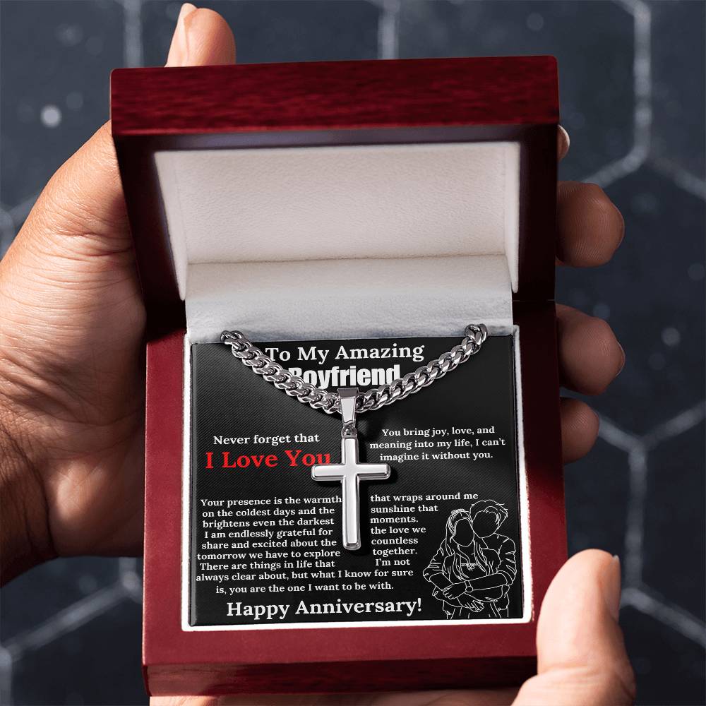 To My Amazing Boyfriend Cuban Chain with Artisan Cross Necklace Anniversary Gift