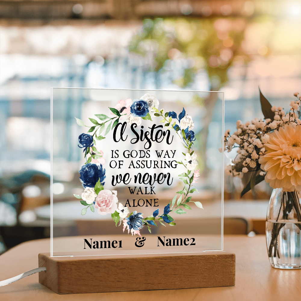 A Sister Is God's Way” Personalized Floral Acrylic Plaque – Custom Two-Name Sister Gift, Religious Quote Decor