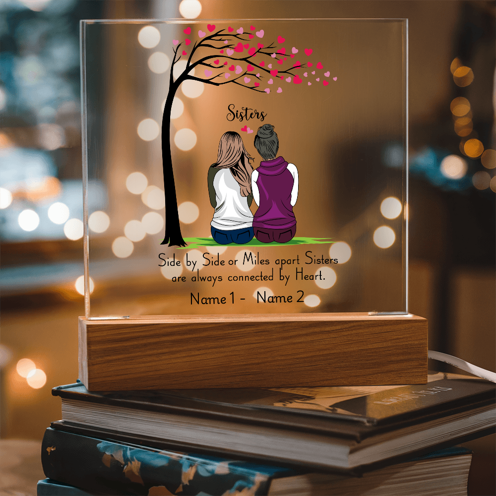 Sisters Acrylic Plaque – Side by Side or Miles Apart, Sisters Connected by Heart – Personalized Sister Gift, Best Friend Sister Decor