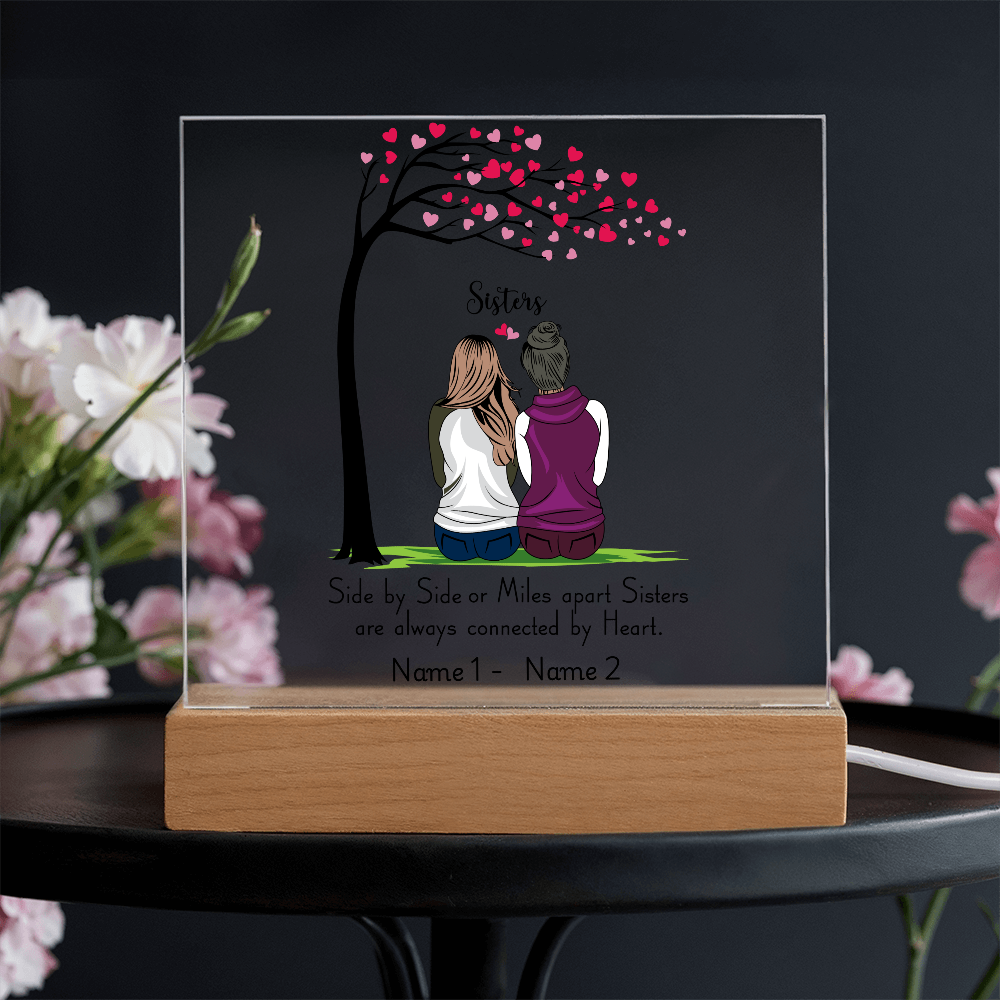 Sisters Acrylic Plaque – Side by Side or Miles Apart, Sisters Connected by Heart – Personalized Sister Gift, Best Friend Sister Decor
