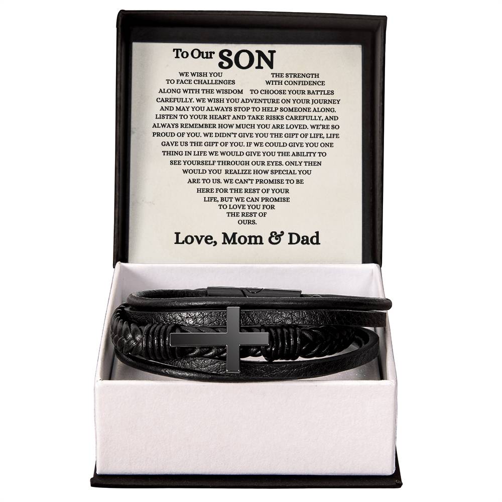 To Our Son - Men's Cross Bracelet - A Gift of Faith and Love From Mom & Dad