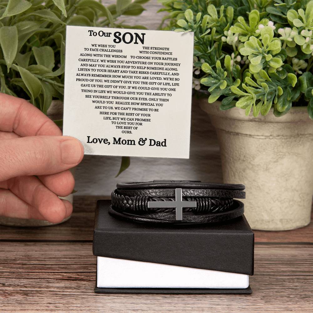 To Our Son - Men's Cross Bracelet - A Gift of Faith and Love From Mom & Dad