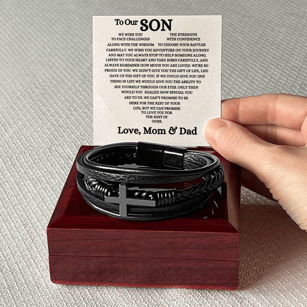 To Our Son - Men's Cross Bracelet - A Gift of Faith and Love From Mom & Dad