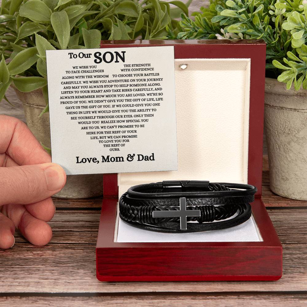 To Our Son - Men's Cross Bracelet - A Gift of Faith and Love From Mom & Dad