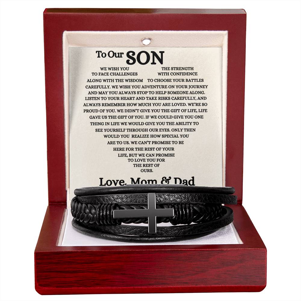 To Our Son - Men's Cross Bracelet - A Gift of Faith and Love From Mom & Dad