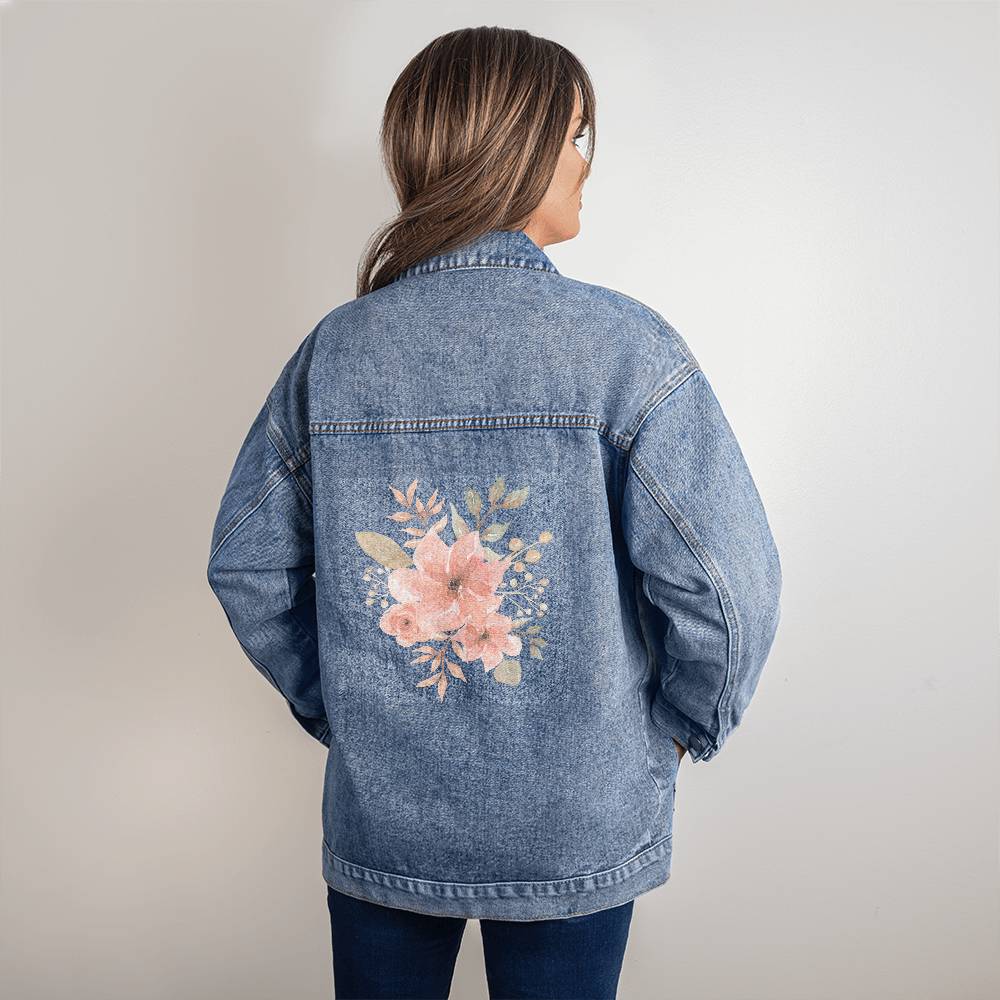 Pink Floral Water Paint Design DTG Denim Jacket