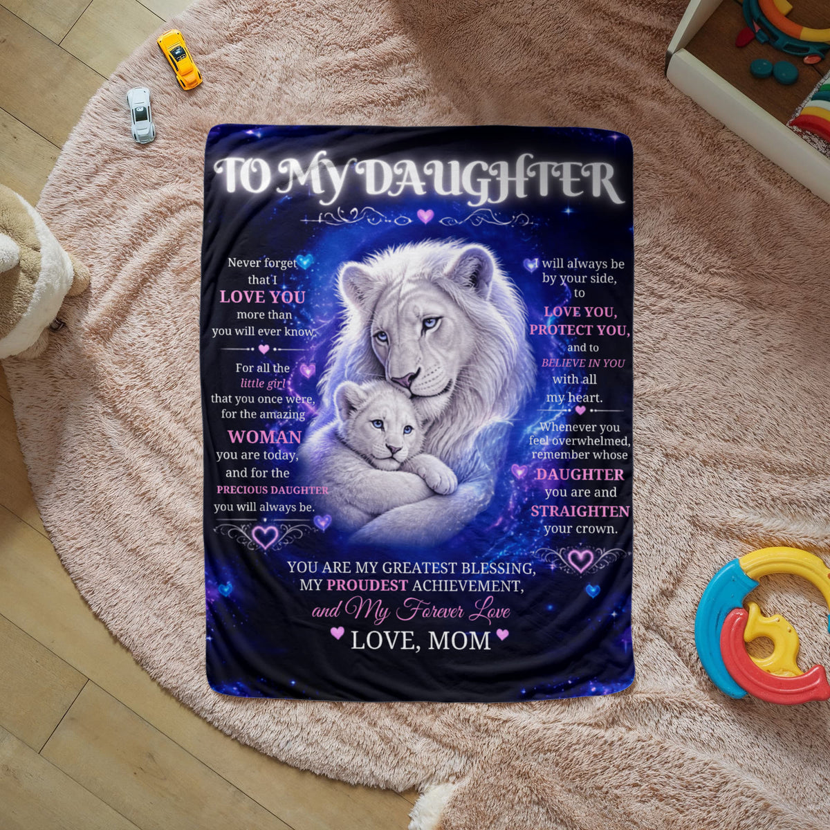 To My Daughter Sherpa Fleece Blanket – White Lion Mom & Cub Inspirational Daughter Gift – Love, Mom Keepsake Blanket