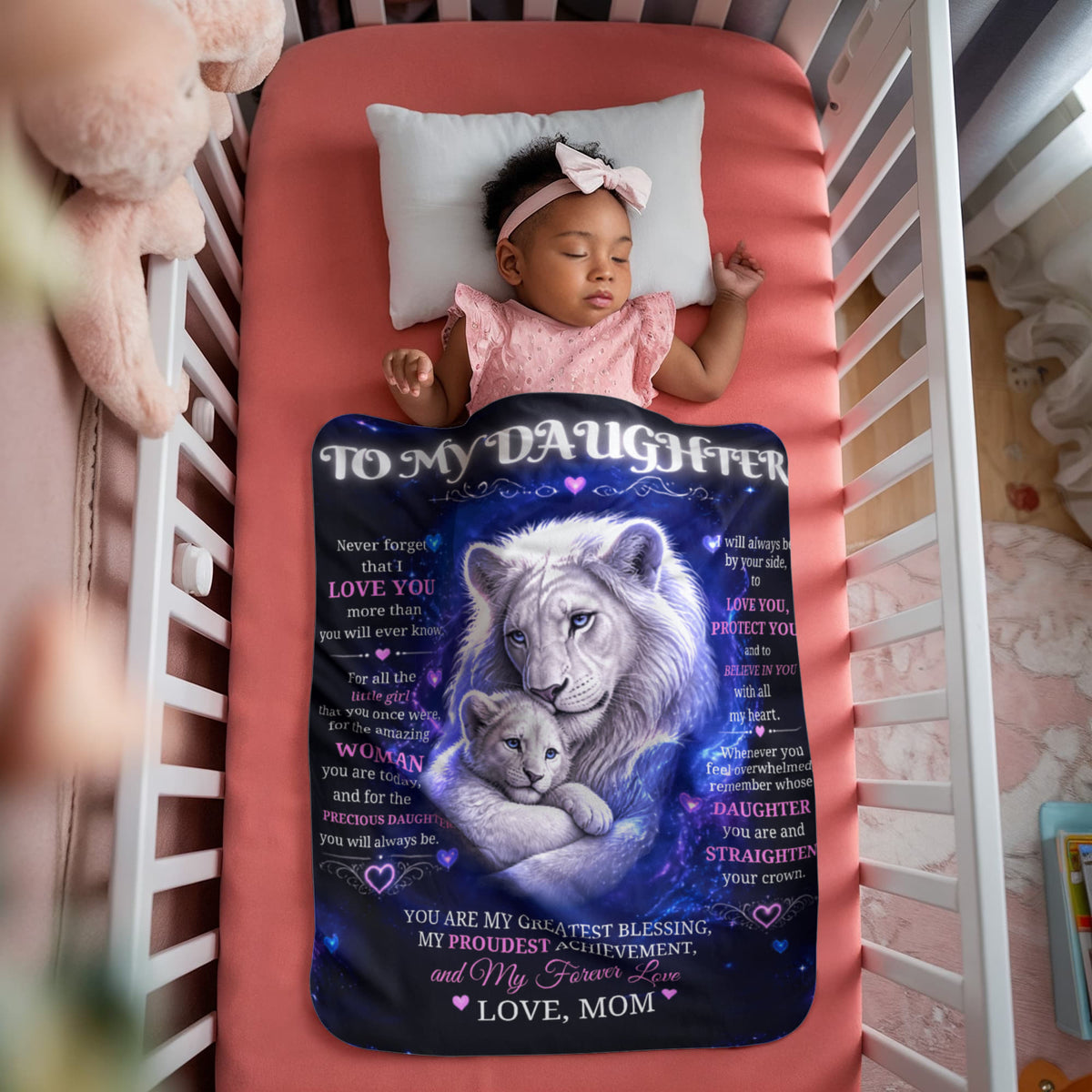 To My Daughter Sherpa Fleece Blanket – White Lion Mom & Cub Inspirational Daughter Gift – Love, Mom Keepsake Blanket
