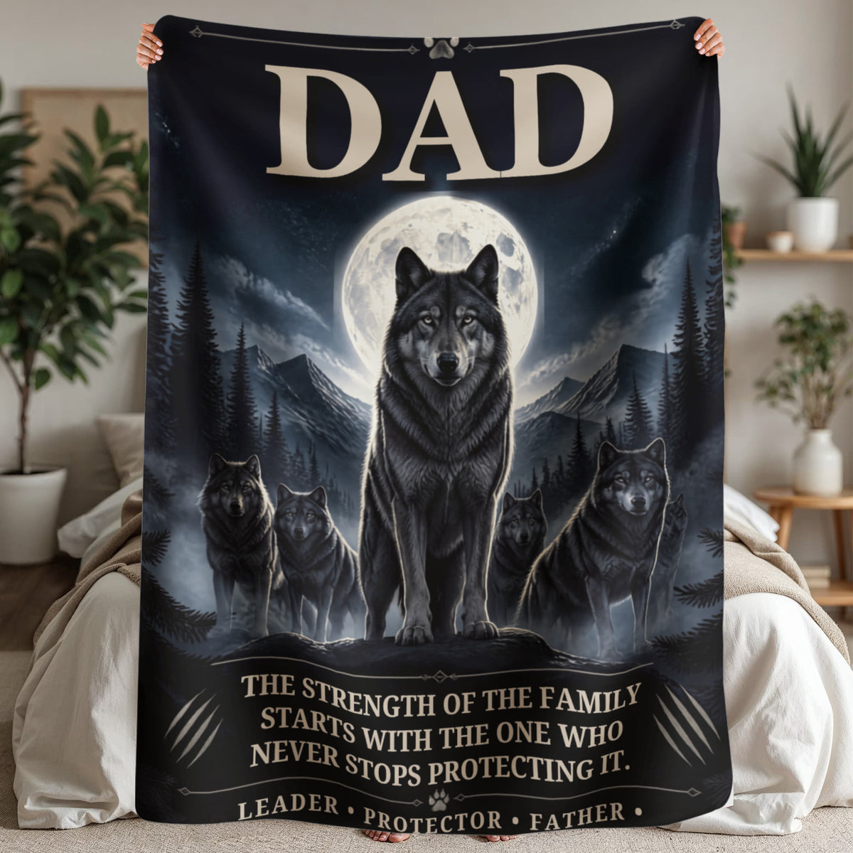 Dad Wolf Sherpa Blanket 60" x 80" – Leader Protector Father Gift, Wolf Pack Family Blanket, Meaningful Gift for Dad, Husband & Father