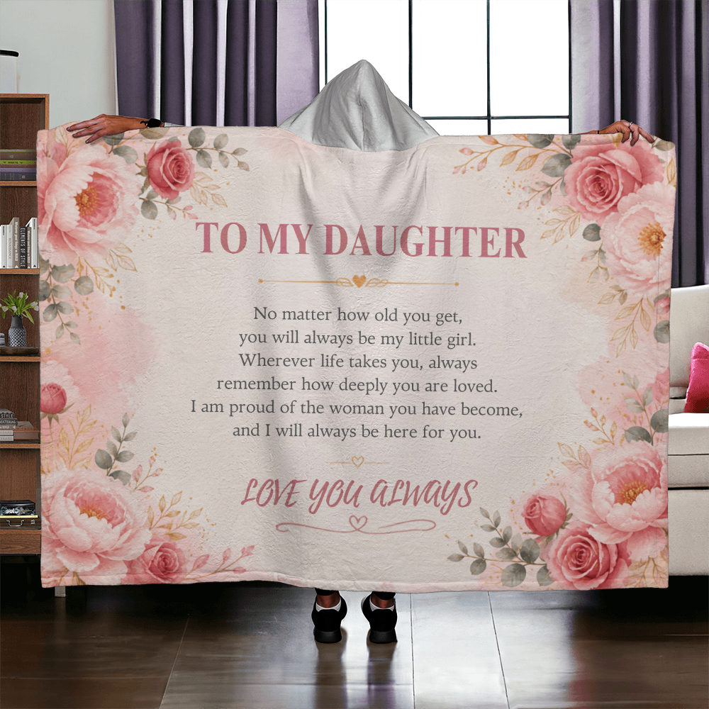 To My Daughter Hooded Fleece Blanket – Heartfelt Gift from Mom or Dad, Floral Daughter Blanket, Birthday Christmas Graduation Gift