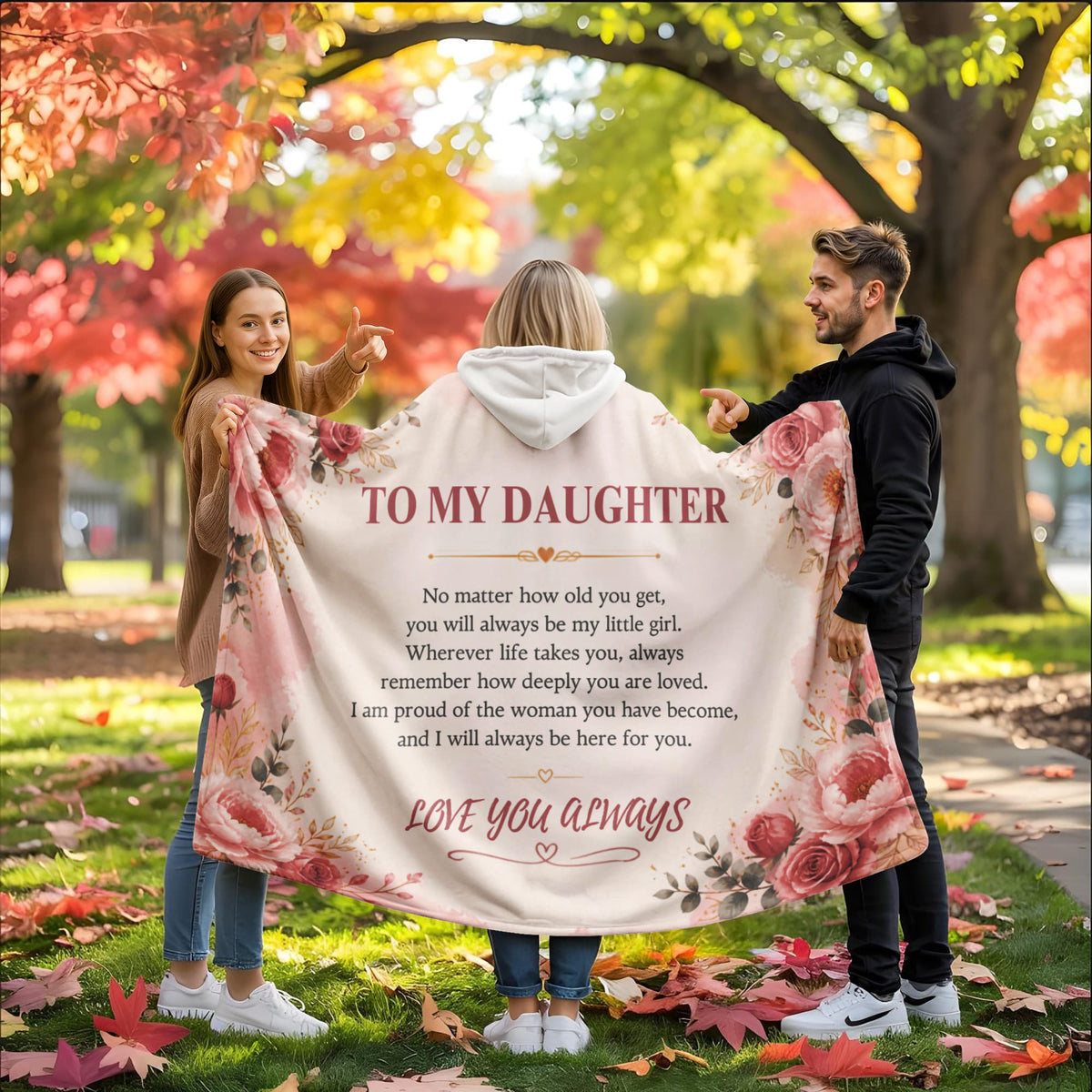 To My Daughter Hooded Fleece Blanket – Heartfelt Gift from Mom or Dad, Floral Daughter Blanket, Birthday Christmas Graduation Gift