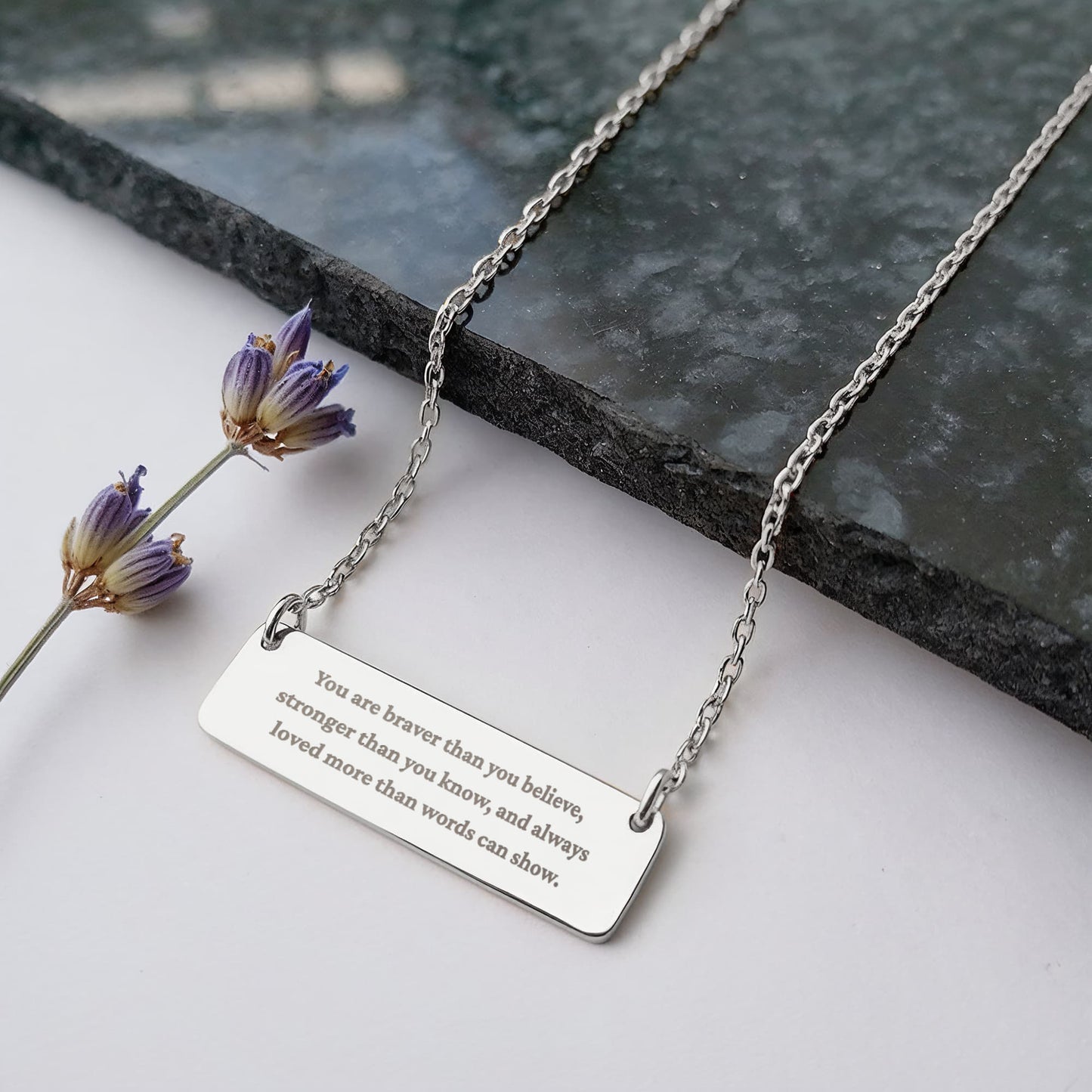 Brave, Strong, Loved – Inspirational Bar Necklace