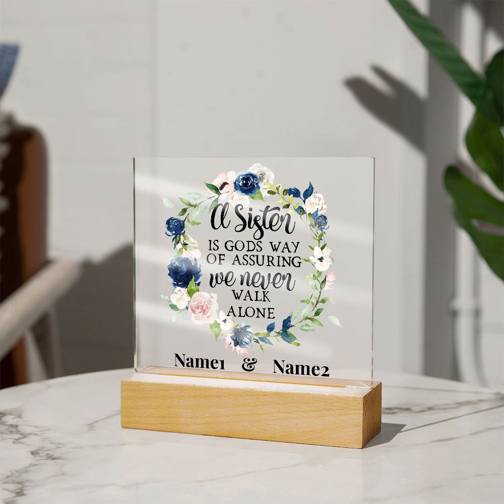 A Sister Is God's Way” Personalized Floral Acrylic Plaque – Custom Two-Name Sister Gift, Religious Quote Decor