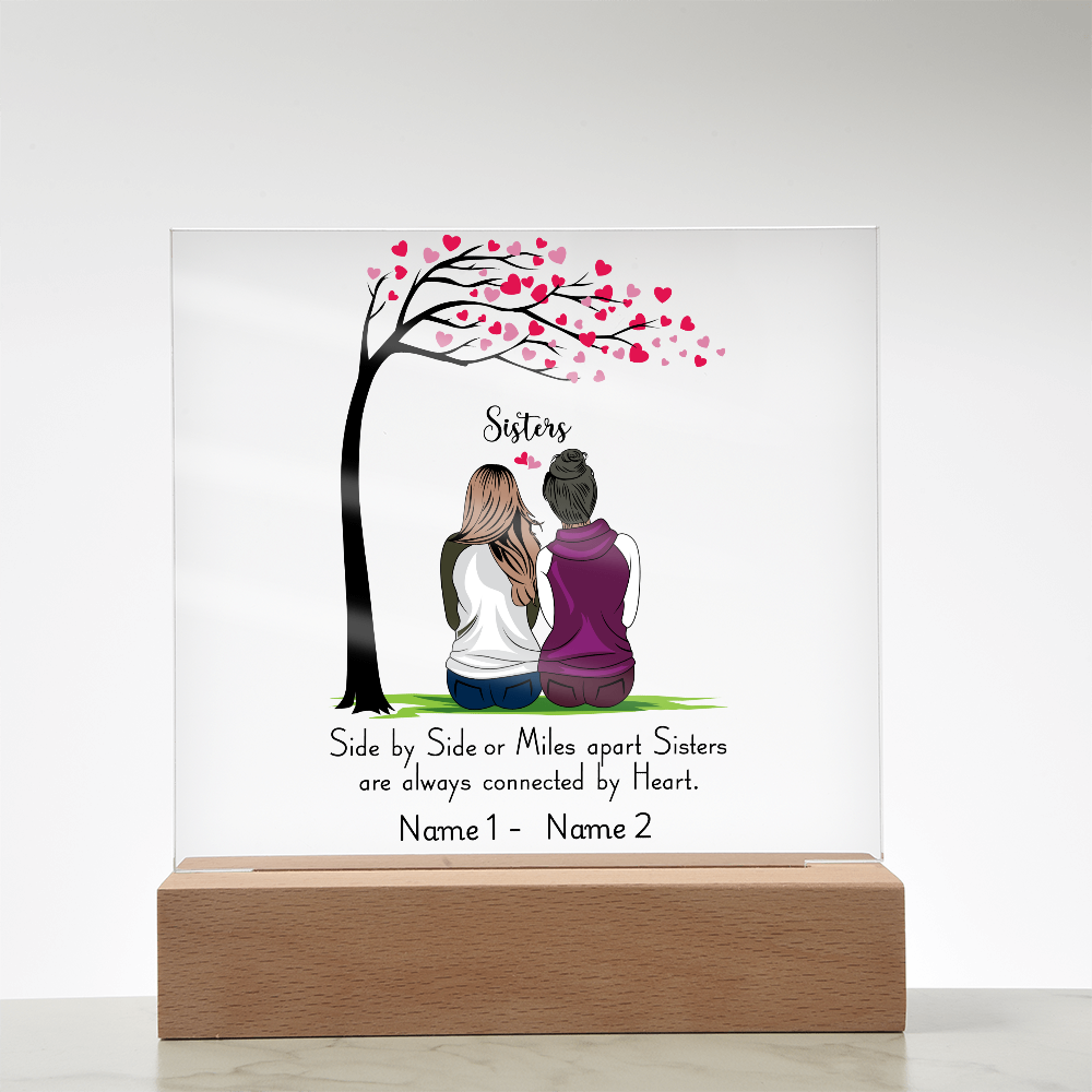 Sisters Acrylic Plaque – Side by Side or Miles Apart, Sisters Connected by Heart – Personalized Sister Gift, Best Friend Sister Decor