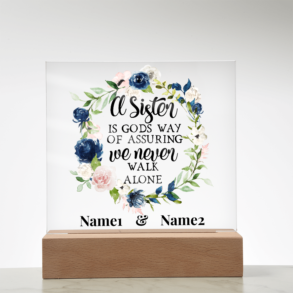 A Sister Is God's Way” Personalized Floral Acrylic Plaque – Custom Two-Name Sister Gift, Religious Quote Decor