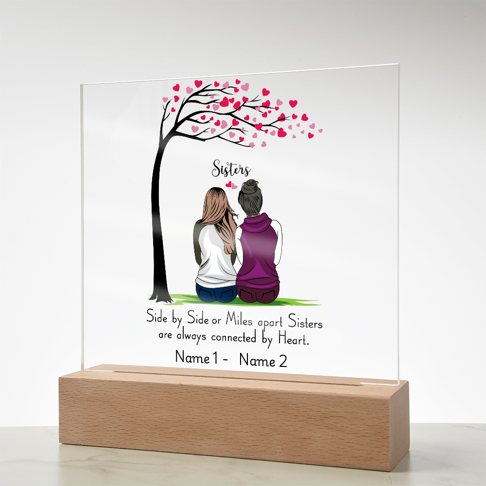 Sisters Acrylic Plaque – Side by Side or Miles Apart, Sisters Connected by Heart – Personalized Sister Gift, Best Friend Sister Decor
