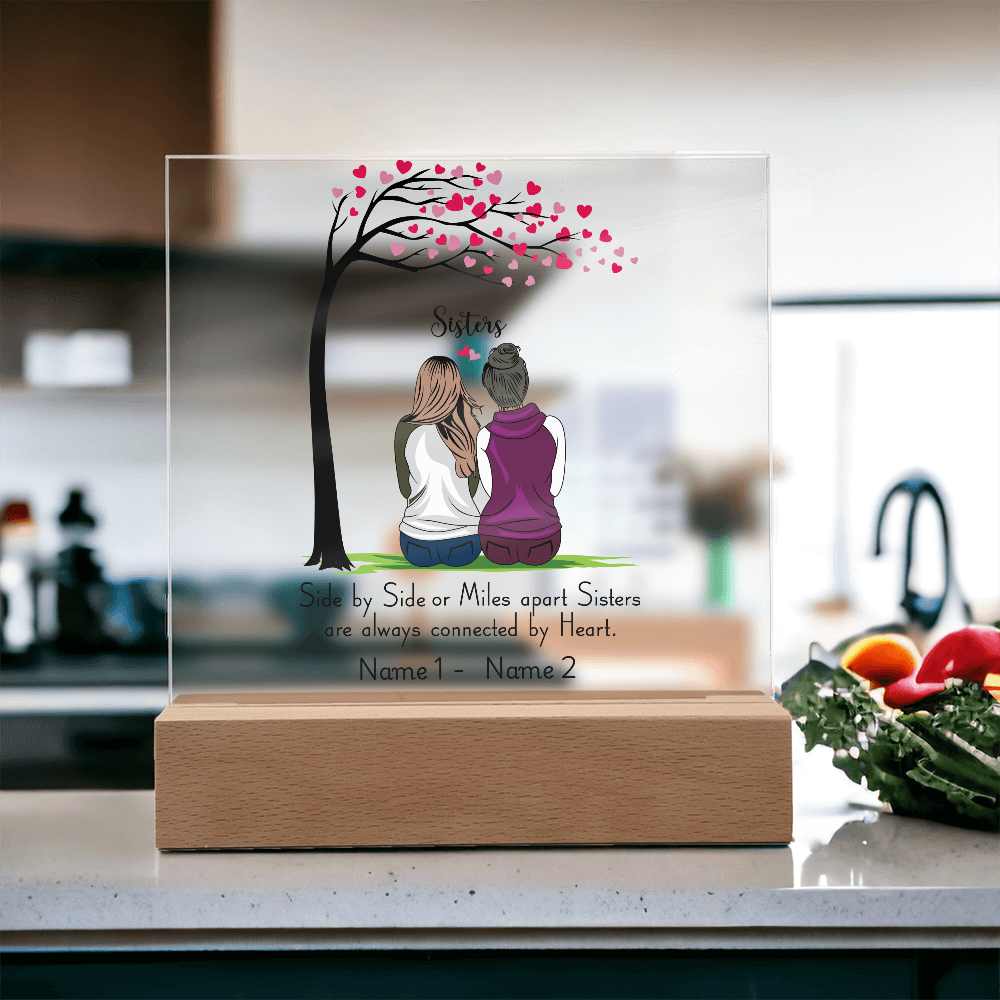 Sisters Acrylic Plaque – Side by Side or Miles Apart, Sisters Connected by Heart – Personalized Sister Gift, Best Friend Sister Decor