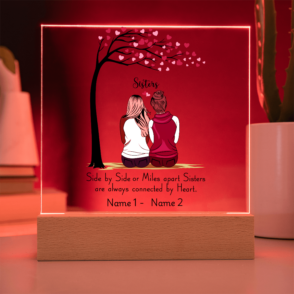 Sisters Acrylic Plaque – Side by Side or Miles Apart, Sisters Connected by Heart – Personalized Sister Gift, Best Friend Sister Decor