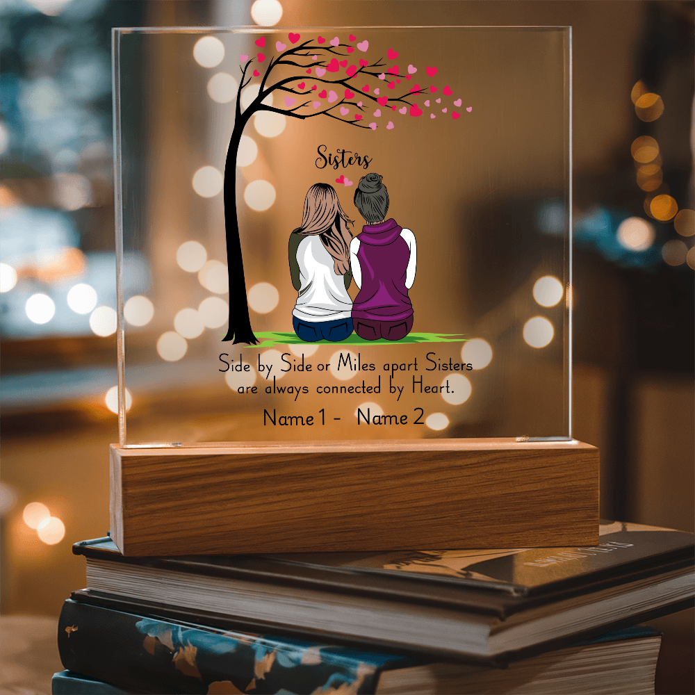 Sisters Acrylic Plaque – Side by Side or Miles Apart, Sisters Connected by Heart – Personalized Sister Gift, Best Friend Sister Decor