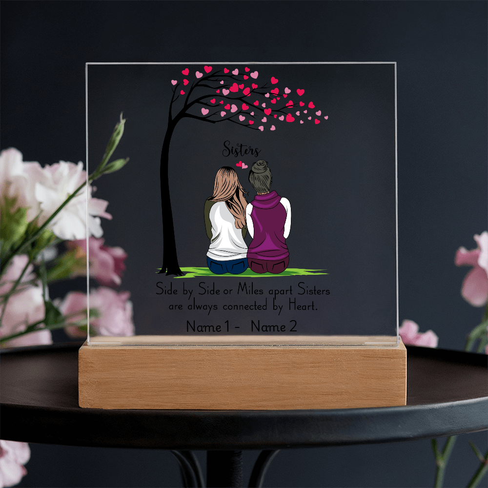 Sisters Acrylic Plaque – Side by Side or Miles Apart, Sisters Connected by Heart – Personalized Sister Gift, Best Friend Sister Decor