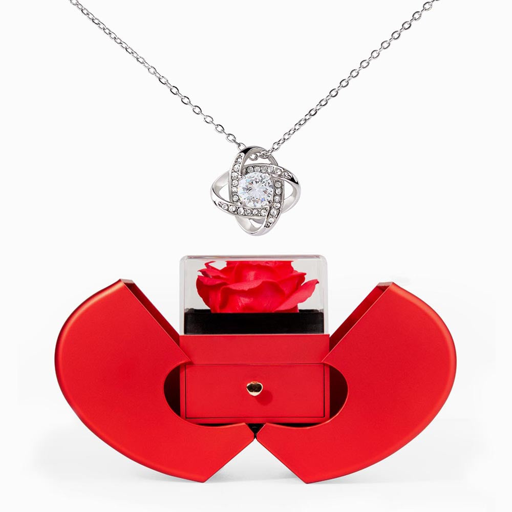 Red Heart Rose Box Love Knot Necklace