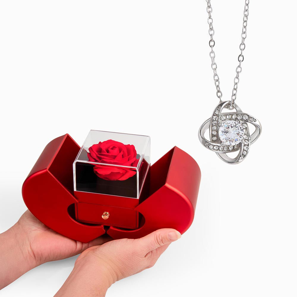 Red Heart Rose Box Love Knot Necklace