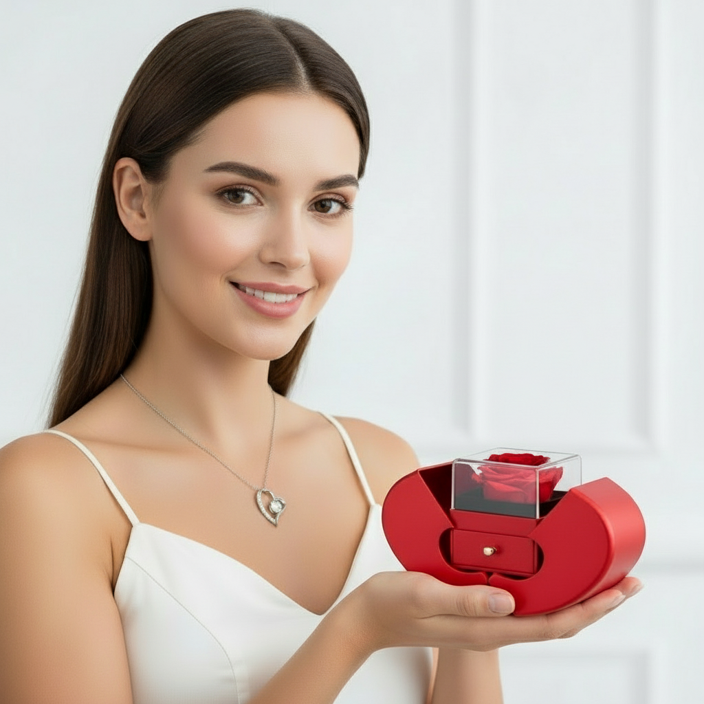 Red Heart Rose Box Forever Love Necklace